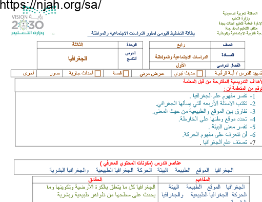 بطاقة التخطيط اليومي درس مفهوم الجغرافيا اجتماعيات رابع ابتدائي الفصل الاول