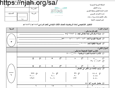 نموذج أسئلة اختبار (2) رياضيات ثالث ابتدائي الفصل الثاني