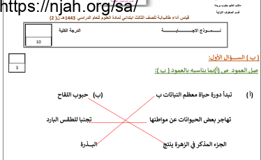 نموذج إجابة اختبار (2) علوم ثالث ابتدائي الفصل الثاني