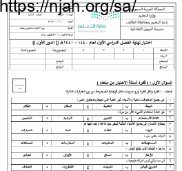 اختبار تحريري علوم ثالث ابتدائي الفصل الاول الفصل الدراسي الاول