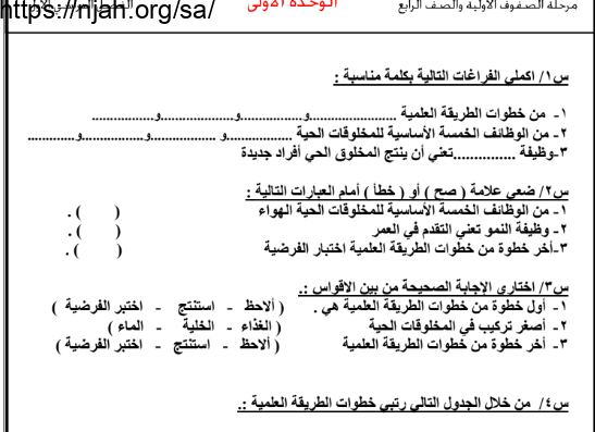 اختبار علوم رابع ابتدائي الفصل الاول الفصل الدراسي الاول