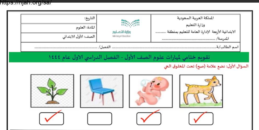 تقويم نهائي علوم غير محلول أول ابتدائي الفصل الأول أ. سكره الشمري