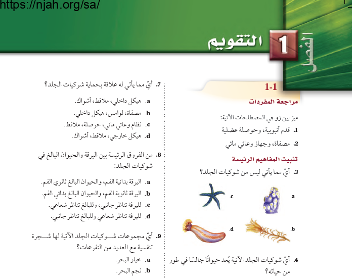 حل مراجعة الفصل الأول شوكيات الجلد واللافقاريات الحبلية أحياء 2-1 ثاني ثانوي مسارات