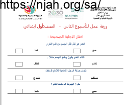 ورقة عمل الأسبوع الثاني بدنية أول ابتدائي الفصل الثالث